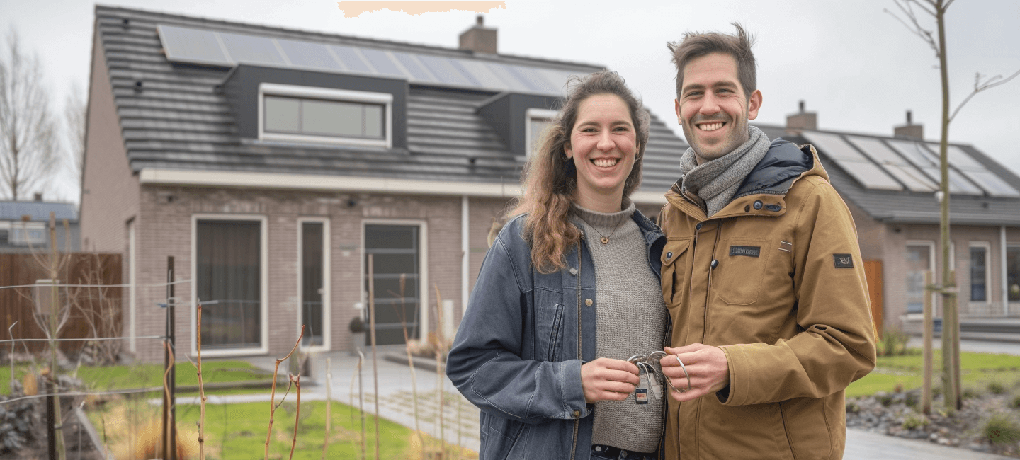 Jong stel met sleutels voor huis met zonnepanelen, symbool voor hypotheekwijzigingen in 2025